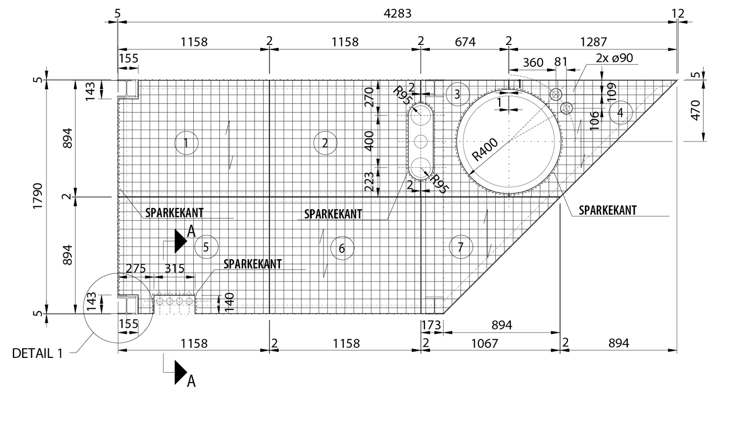 Teknisk tegning af ristedæk med gitterriste